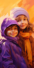 Portrait of children on a purple orange background