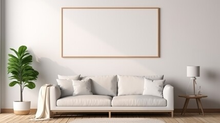 Fototapeta na wymiar Blank Canvas: Transform Your Space with a Captivating Mockup Photo Frame in a Modern Loft Living Room - Interior Design and Architecture Concept - 3D Illustration Rendering