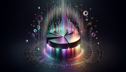 Futuristic metallic pie chart with neon hues and streaming binary code.