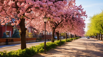 Spring city landscape with flowering trees along the streets