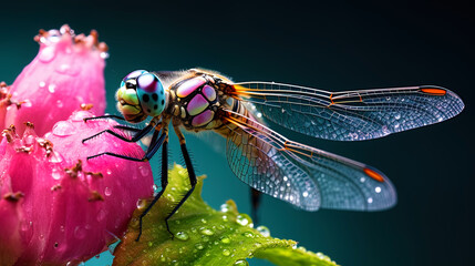Macro shooting a dragonfly on a flower stem with dew spray