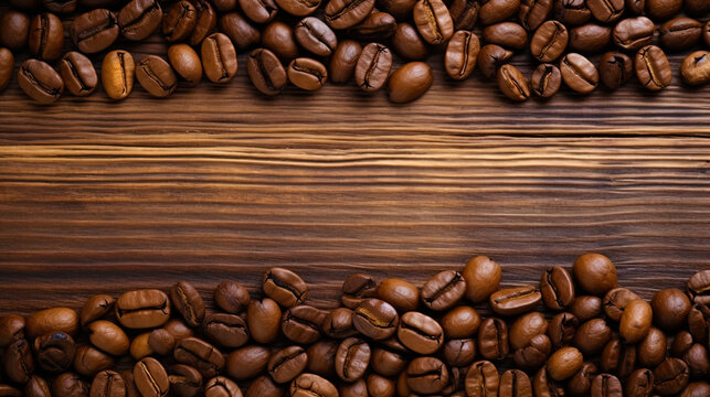 The image of coffee beans against the background of a wooden texture, emphasizing the warmth of the