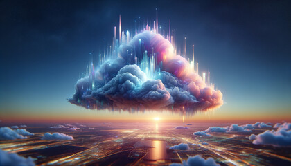 Tranquil Cloud Computing: Ethereal cloud formation amidst pastel and neon skies