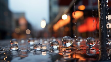 Urban Serenity: Raindrops Glisten on Transparent Sculpture, Revealing a Vibrant Cityscape - obrazy, fototapety, plakaty