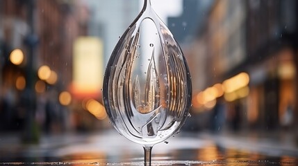 Urban Serenity: Raindrops Glisten on Transparent Sculpture, Revealing a Vibrant Cityscape