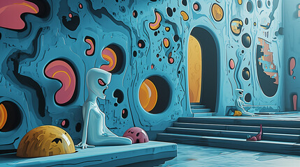 Psychedelic & abstract 3d artwork, in the style of eroded interiors, colorful grotesques, vibrant pop surrealism