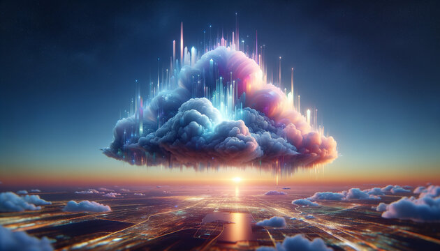 Tranquil Cloud Computing: Ethereal cloud formation amidst pastel and neon skies