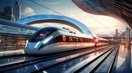 Naklejka premium Urban Symphony: Futuristic Train Station Unveiling the Pulse of Connectivity and Urban Growth