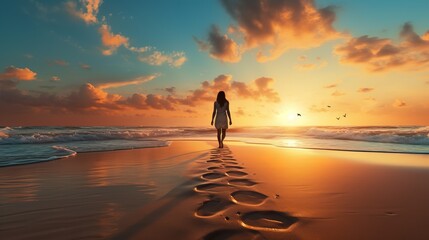 Tranquil Sunset Stroll: Embrace Solitude and Serenity with this Captivating Beach Stock Image - obrazy, fototapety, plakaty