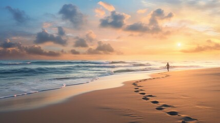 Fototapeta na wymiar Tranquil Sunset Stroll: Embrace Solitude and Serenity with this Captivating Beach Stock Image