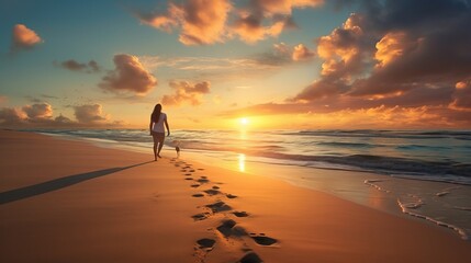 Tranquil Sunset Stroll: Embrace Solitude and Serenity with this Captivating Beach Stock Image - obrazy, fototapety, plakaty