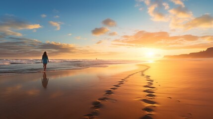 Fototapeta premium Tranquil Sunset Stroll: Embrace Solitude and Serenity with this Captivating Beach Stock Image