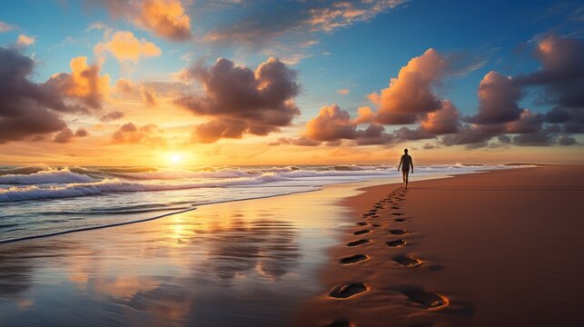 Tranquil Sunset Stroll: Embrace Solitude and Serenity with this Captivating Beach Stock Image
