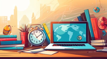 Efficient Study Oasis: Master Time Management with this Vibrant Student Workspace Vector Graphic
