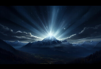 A star light shining in the sky over mountains