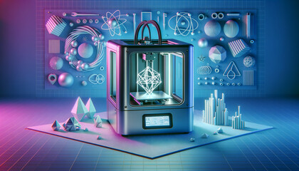 Pop Futurism: Sleek 3D Printer Creating Intricate Object in Vibrant Studio