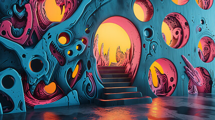 Psychedelic & abstract 3d artwork, in the style of eroded interiors, colorful grotesques, vibrant pop surrealism - obrazy, fototapety, plakaty