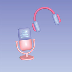 Recording audio podcast or online show concept. Realistic 3d object cartoon style. Vector colorful illustration.