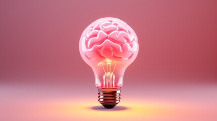 Brilliant Ideas Illuminated: Empowering Minds with a Glowing Brain in a Vibrant Light Bulb on a Playful Pink Background