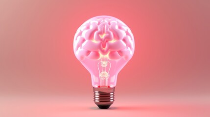 Brilliant Ideas Illuminated: Empowering Minds with a Glowing Brain in a Vibrant Light Bulb on a Playful Pink Background