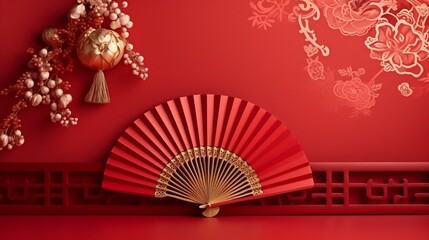 Celebrate Chinese New Year 2024 with a captivating 3D illustration featuring a majestic dragon, playful bunny, and vibrant red Chinese patterns, set against a whimsical hand fan backdrop.
