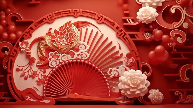 Celebrate Chinese New Year 2024 with a captivating 3D illustration featuring a majestic dragon, playful bunny, and vibrant red Chinese patterns, set against a whimsical hand fan backdrop.