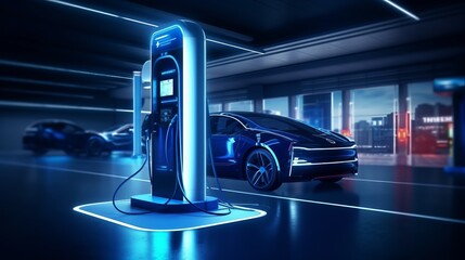 Fototapeta premium Revolutionary Home Charging Station: Empowering Electric Vehicles with Blue Energy Battery Charger. Unleash the Future of Fuel Power and Transportation. 3D Illustration Rendering.