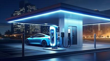 Revolutionary Home Charging Station: Empowering Electric Vehicles with Blue Energy Battery Charger. Unleash the Future of Fuel Power and Transportation. 3D Illustration Rendering.