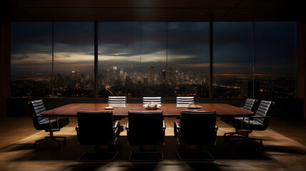 executive space conference room with large windows at night - obrazy, fototapety, plakaty