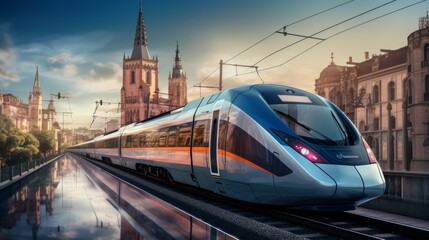 Fototapeta premium Urban Velocity: A Glimpse into the Future - Modern Train Blurring Past Historic Cityscape, Embodying Progress and Momentum
