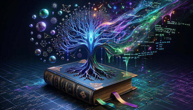 Reinforcement Learning: Neural Network Tree with Translucent Data Streams and Leather-Bound Tome - Powered by Adobe