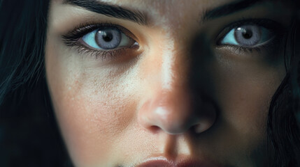 Close up portrait of a female model with an intense expression. Piercing eyes and a ruddy complexion.