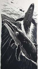 two whales inside the water on a linocut style using only black and white