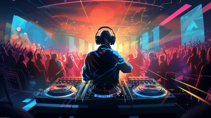Electrifying Beats: Captivating DJ at Club, Mixing Tracks on Digital Turntable as Energetic Crowd Dances in Background