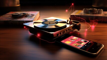 Retro Melodies Unleashed: Immerse in Nostalgia with Vintage Vinyl Records App - A Captivating 3D Image of a Smartphone with Classic Albums and Headphones Floating Out