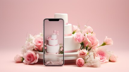 Obraz na płótnie Canvas Wedding Bliss Unleashed: A Digital Dream for Every Bride and Groom - Smartphone's 'Wedding Planner' App Brings 3D Rings, Flowers, and Cake to Life!