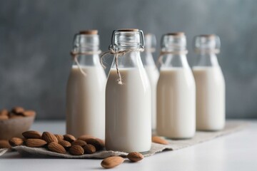 Bottled almond milk on a bright backdrop. Generative AI - obrazy, fototapety, plakaty