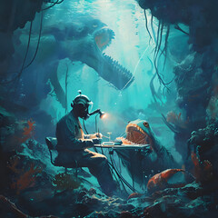 Prompt A mysterious[Underwater Dentist] treating sea creatures, set in a vivid, aquatic...
