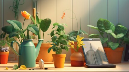 Green Thumb Guru: Elevate Your Indoor Plant Care with a Vibrant Smartphone App - 3D Plants and Watering Cans Bring Nature to Your Fingertips! - obrazy, fototapety, plakaty
