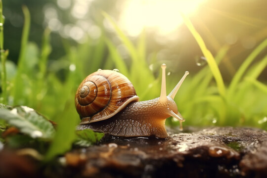 Big snail crowls to the grass with drops of dew in the summer forest. Closeup of a garden snail in shell crowling on the dirt road to the grass in sunlight
