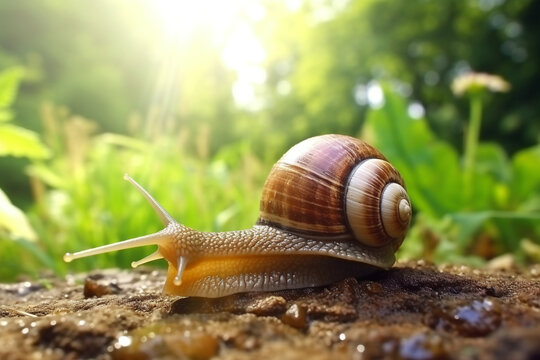 Big snail crowls to the grass with drops of dew in the summer forest. Closeup of a garden snail in shell crowling on the dirt road to the grass in sunlight