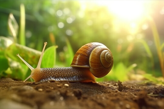 Big snail crowls to the grass with drops of dew in the summer forest. Closeup of a garden snail in shell crowling on the dirt road to the grass in sunlight