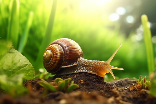 Big snail crowls to the grass with drops of dew in the summer forest. Closeup of a garden snail in shell crowling on the dirt road to the grass in sunlight