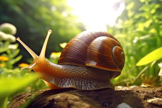 Big snail crowls to the grass with drops of dew in the summer forest. Closeup of a garden snail in shell crowling on the dirt road to the grass in sunlight