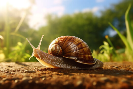 Big snail crowls to the grass with drops of dew in the summer forest. Closeup of a garden snail in shell crowling on the dirt road to the grass in sunlight