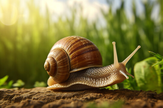 Big snail crowls to the grass with drops of dew in the summer forest. Closeup of a garden snail in shell crowling on the dirt road to the grass in sunlight