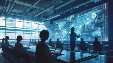 A high-tech smart classroom with interactive digital boards and students using tablets, symbolizing modern education and innovative learning methods.