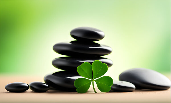 Lucky Meditation, Stack of Spa Stones with a Four Leaf Clover, St Patrick's Day Self Care and Sobriety