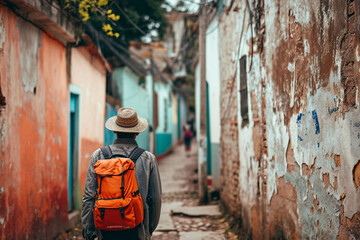 Un homme avec un sac à dos en vacances dans une petite rue colorée d'une ville étrangère. Touriste en voyage, marche, découverte, visite, backpacker. Pour conception et création graphique. - obrazy, fototapety, plakaty