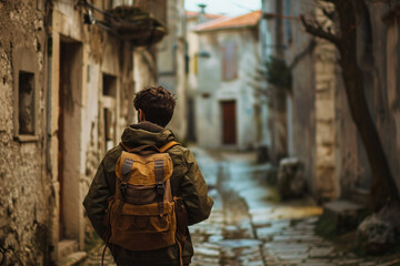 Obraz premium Un homme avec un sac à dos en vacances dans une petite rue colorée d'une ville étrangère. Touriste en voyage, marche, découverte, visite, backpacker. Pour conception et création graphique.